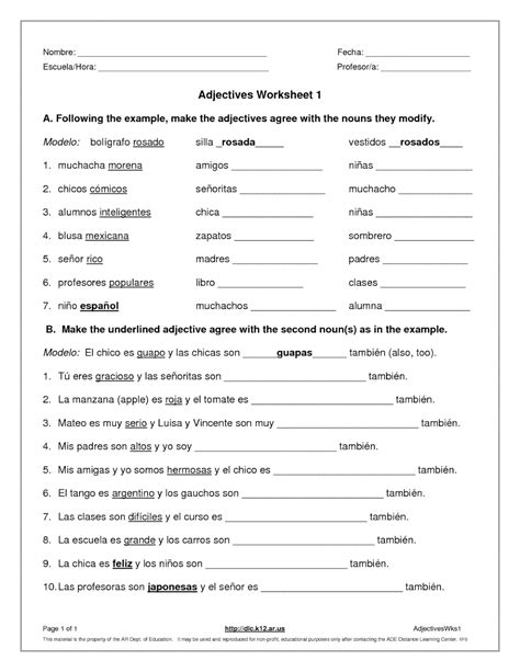 demonstrative adjectives spanish worksheet